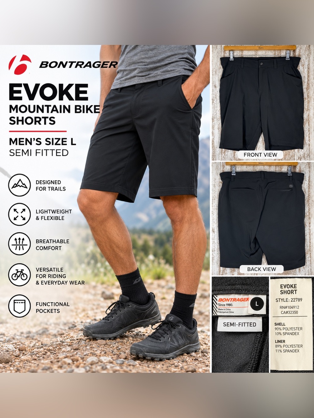 Bontrager Evoke Mountain Bike Shorts Men’s Size L Semi-Fitted Black